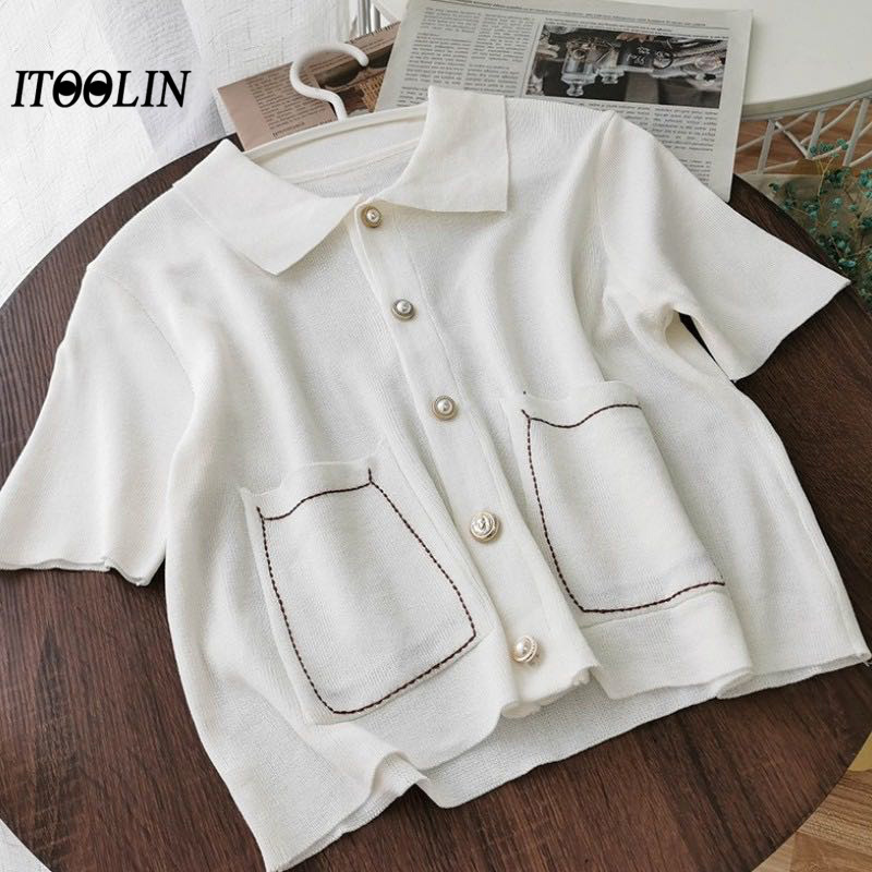 

ITOOLIN Korean Summer Knitted Polo Shirt Short Sleeve Top Women High Waist Tops With Button Knitwear Blouse Slimming Shirts 210518, White