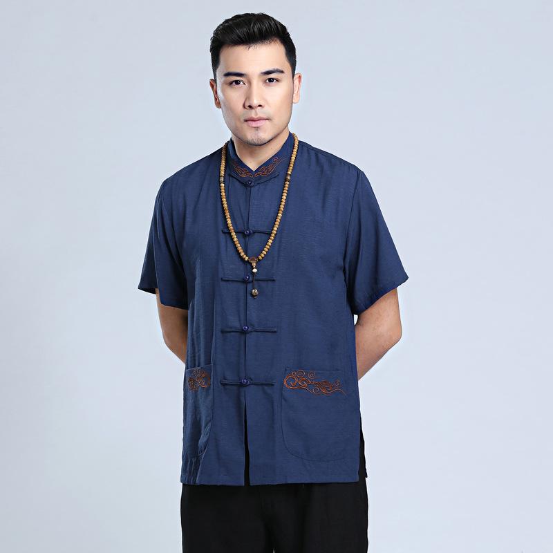 

Chinese Solid Cotton Linen Men Shirt Casual Male Business Clothing Vintage Single Button Clothes Plus Size Tang Suit Top -3XL Men's Shirts, Beige