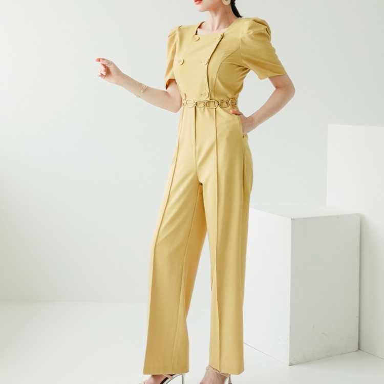 

Summer Elegant Short Sleeve Wide Leg Rompers Overalls Fashion Double breasted Long Jumpsuits Female Office Work Playsuits 210526, Photo color
