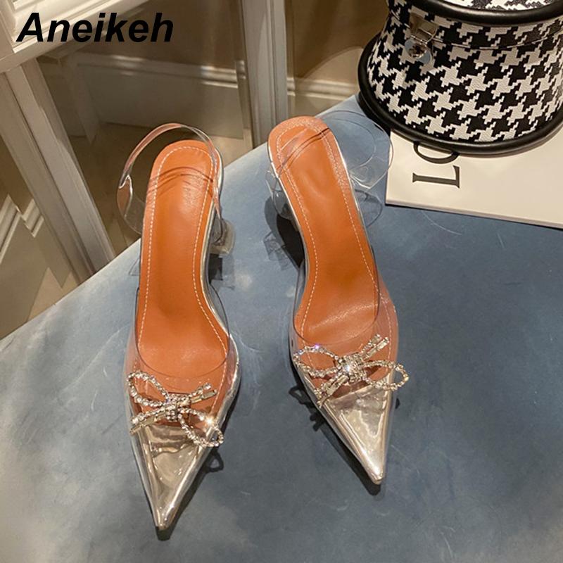 Sandals Aneikeh 2022 Summer Fashion Transparent PVC Crystal Decoration Butterfly-Knot High Heel Women Sexy Pointed Toe Slip-On