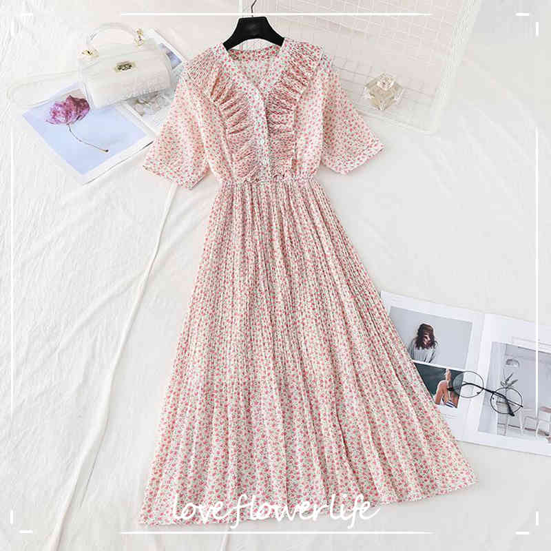 

Women Summer Floral Dresses Bohemian V-neck Ruffles Button Pleated Dress Vintage Long Chiffon Print Beach Sundress 210521