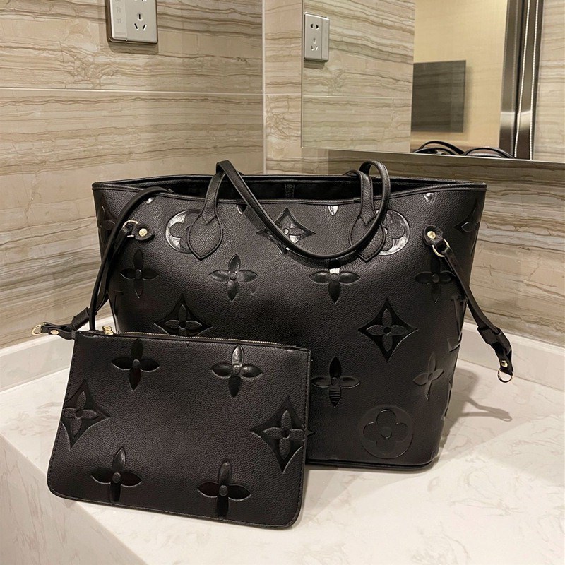 

Vintage cowhide Onthego 2pcs Shoulder Shopping Bags 3D relief lady totes Luxurys Handbags Designers Purses women Crossbody Messenger, Black
