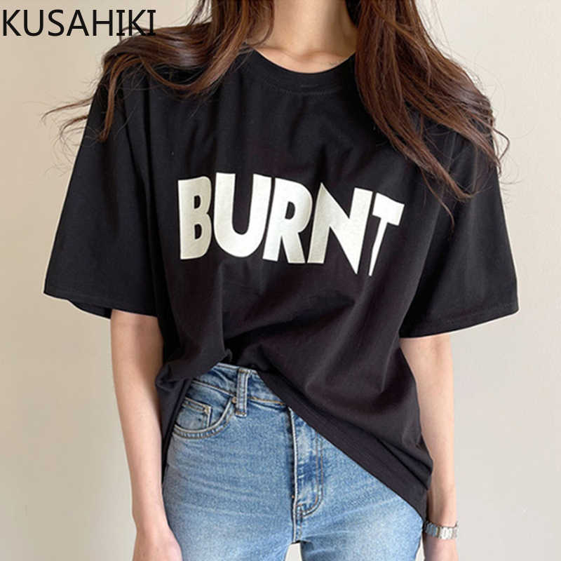 

KUSAHIKI Korean Letters Printed T Shirts Women Short Sleeve O-neck Graphic Tee Spring Summer Tshirt Feminimo Tops 6G375 210602, Black