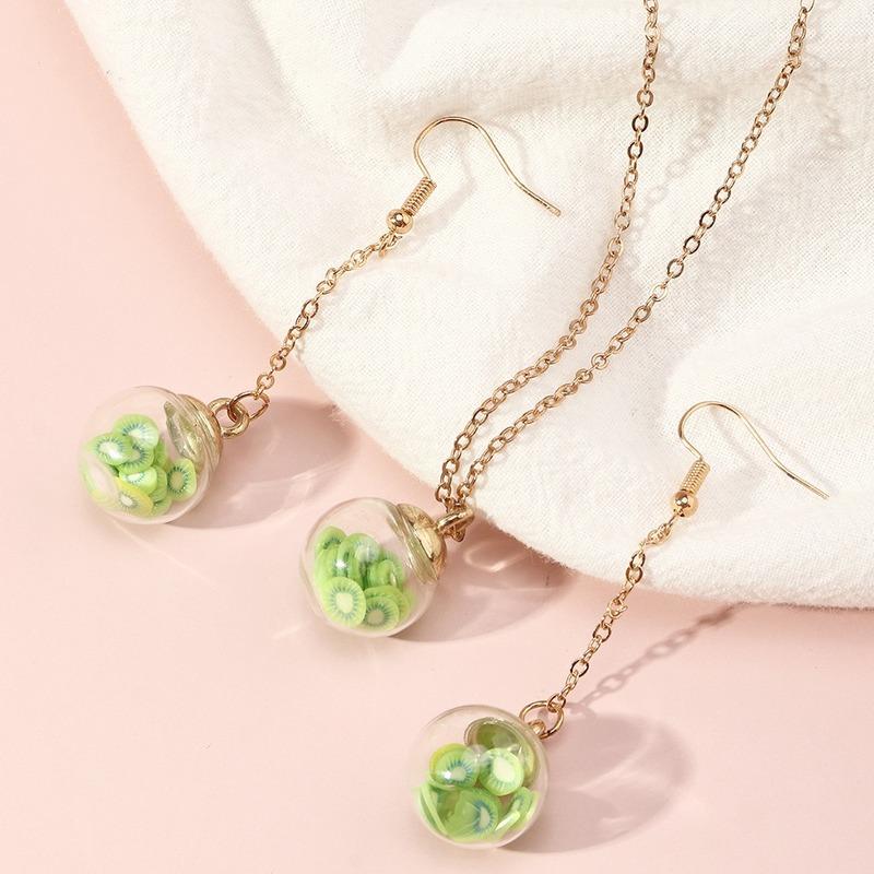 

Earrings & Necklace Fruit Kiwi Glass Ball Pendant Jewelry Set Women Long Drop Chain Necklaces Women's Accessories, Silver