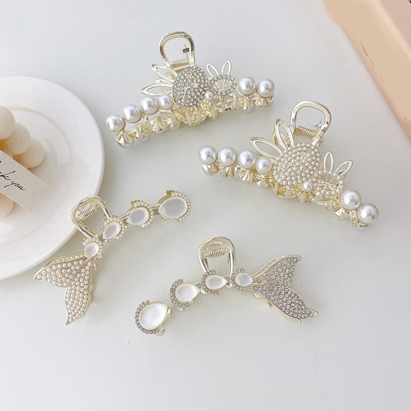 

Hair Clips & Barrettes Large Fish-shaped Clip Pearl Rhinestone Holder Strong Hold Crystal Jaw ., Golden;silver
