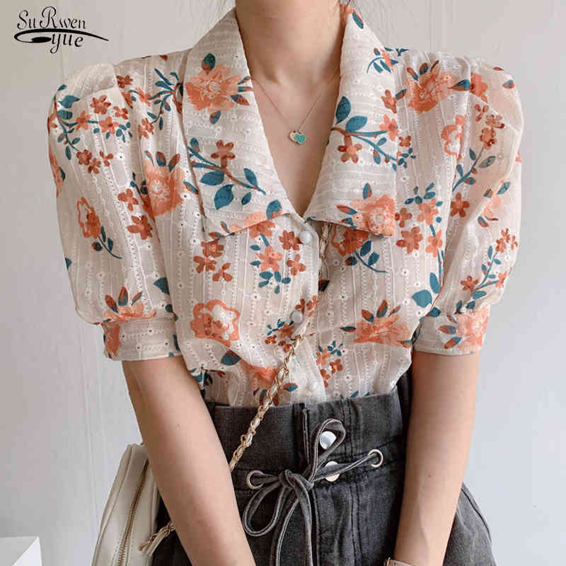 

Summer Korean Floral Blouses Tops Lapel Short Sleeve Embroidered Shirt Blusas Button Up Harajuku Mujer 13793 210521, Purple
