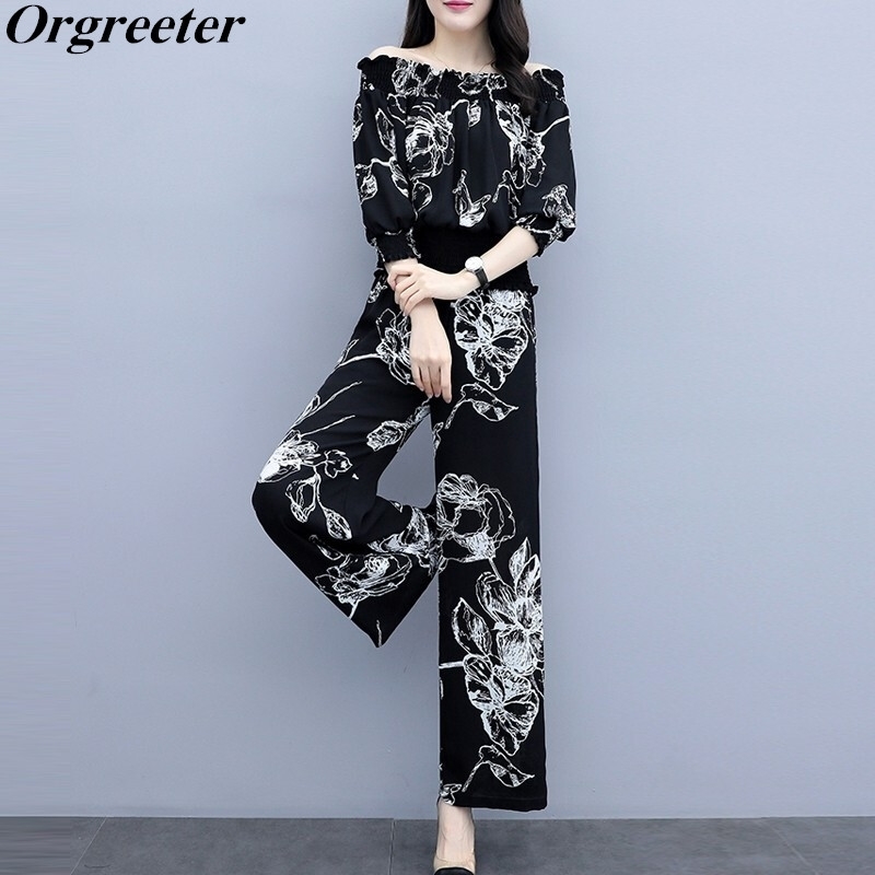 

Casual Chiffon Tops and Pants Two piece set Women Brief Flower Print Off Shoulder Blouse + Elastic Waist Wide leg Set 210525, Black