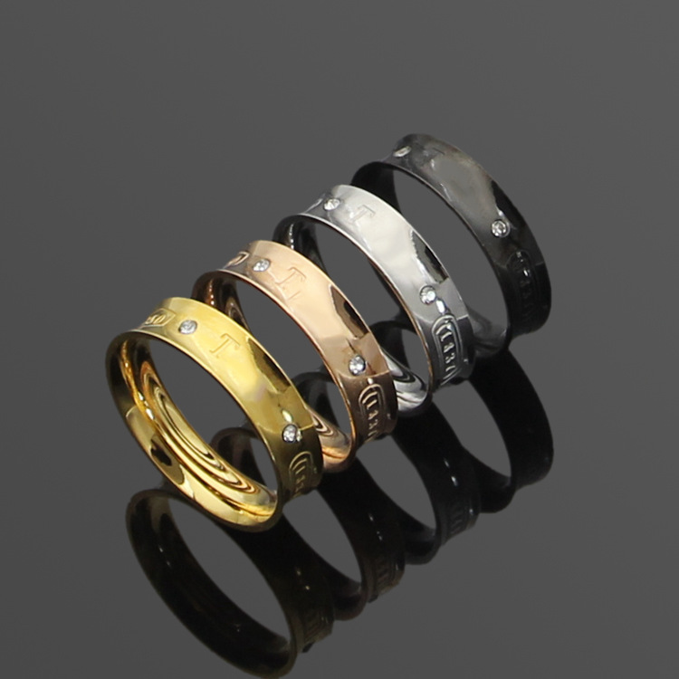 

Titanium steel jewelry wholesale t-letter two drill skinny horn ring groove ring 18 k gold ring of foreign trade