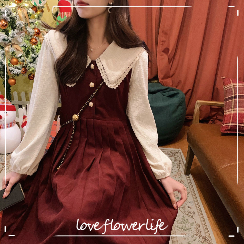 

Elegant Vintage Dress Women Kawaii Casual Dress Korean Spring Sweet Preppy Style Peter Pan Collar Party Dress Y2k 210521, Burgundy