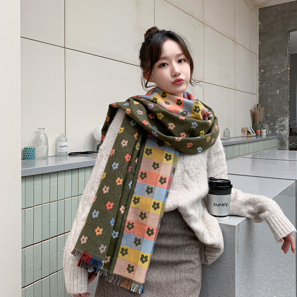

Little Flower Scarf Womens Autumn and Winter Color Matching Knitted Warm Cashmere Shawl European and American Thickened Scarf Wholesale