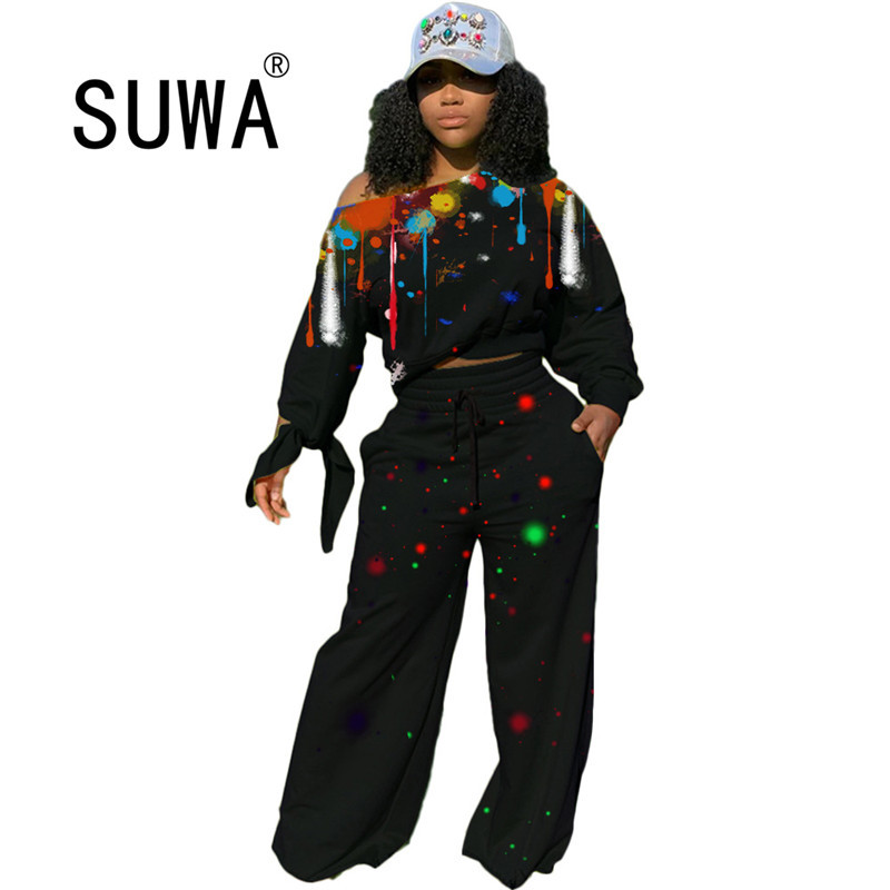 

Sport Two Piece Set for Womens Tracksuit Pullover Pants Tie Dye 2 Outfits Fall Winter Sweat Suits Wholesale Clothing 210525, Black