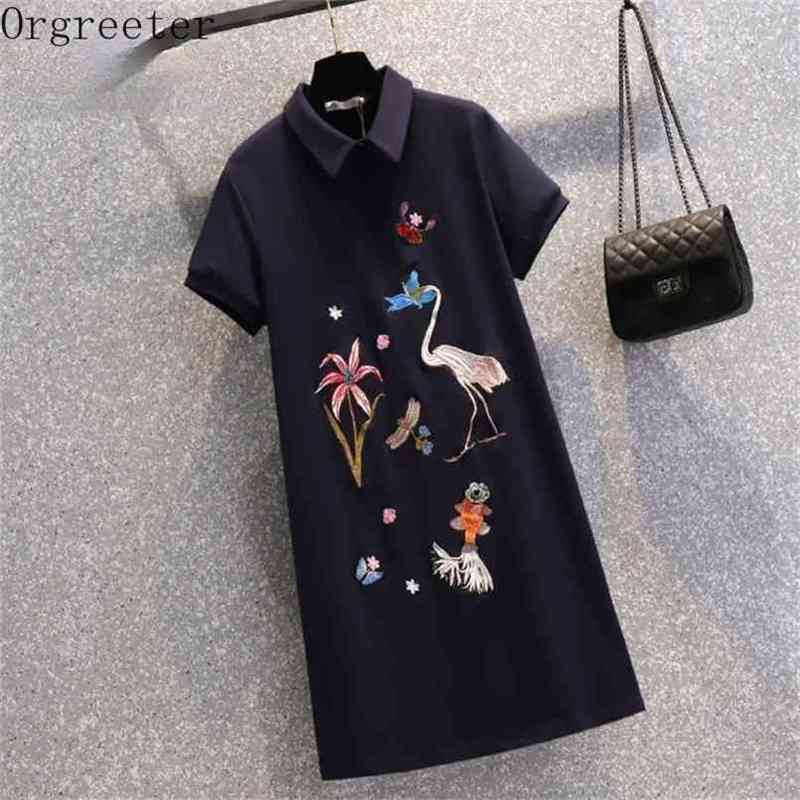 

Plus size Summer Shirts Dresses Women Lapel Animal Embroidery Knee-length Chinese Style Casual Straight Dress for 210602, Navy blue
