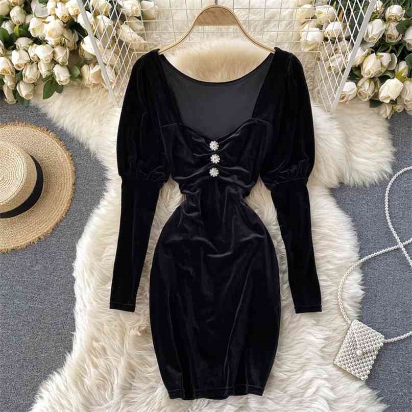 

Women Black Square Collar Puff Sleeve Bodycon Dress Spring Autumn Buttons Velvet Casual Party Club Vestidos 210603