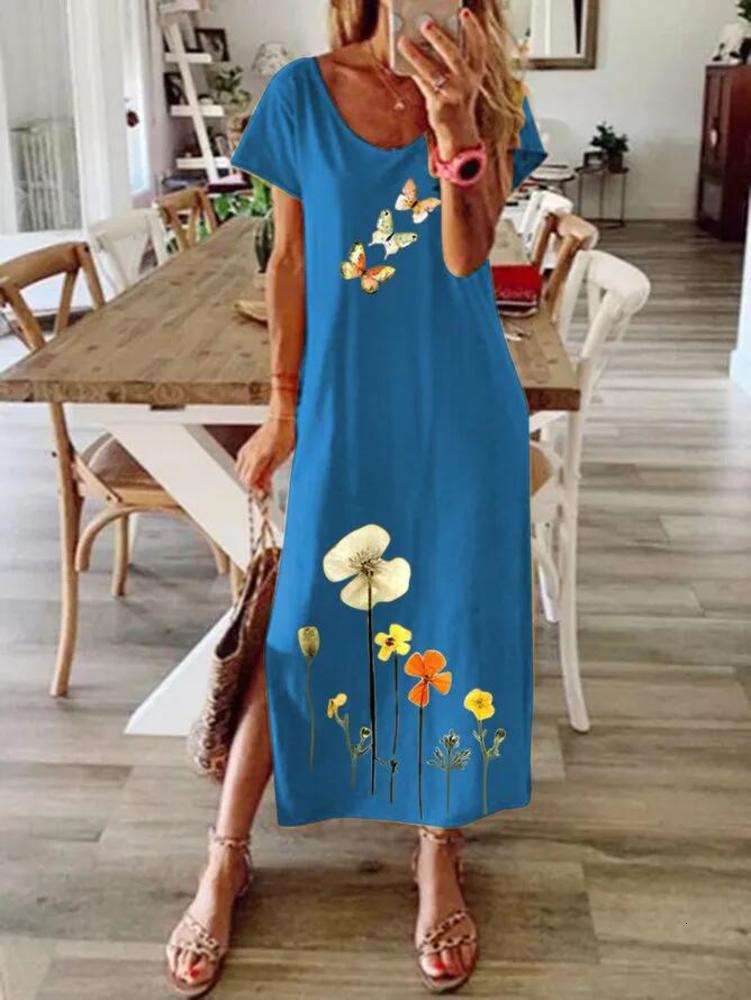 

Summer loose size long skirt women's split short sleeve positioning print dress, Black;gray