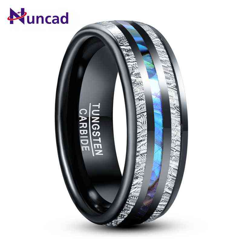 

8mm Electric Black Inlaid Meteorite Abalone Shell Dome Tungsten Carbide Ring Men's Fashion Wedding Jewelry Gift 211218