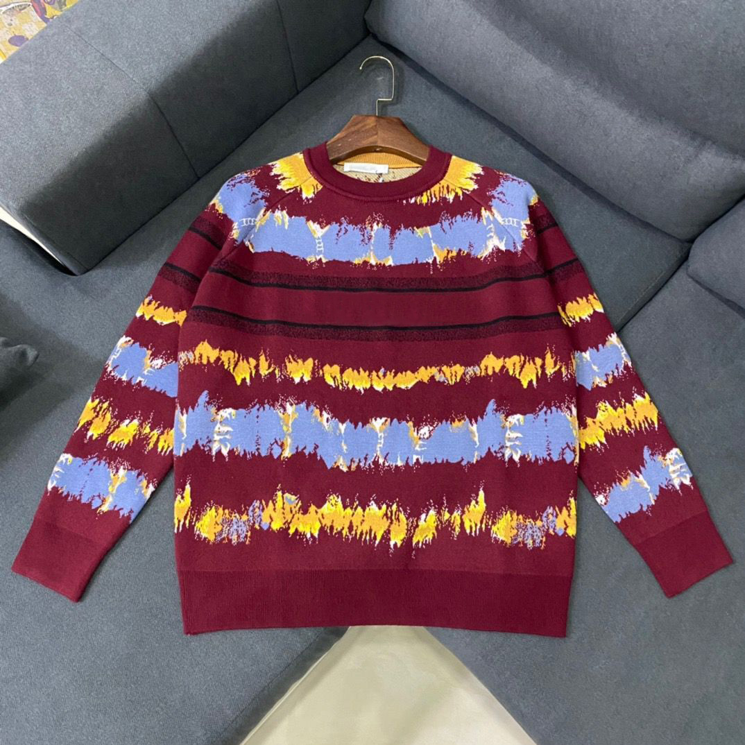 

Fashion Runway Design Autumn Loose Sweater Women O-neck Long Sleeve Stripe Tie-dye Gradient Jacquard Wool Cashmere Knit Pullover, Red