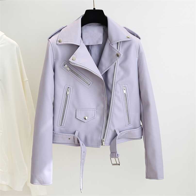 

Spring Autumn Purple Leather Jacket Women Slim Long Sleece with Belt Biker Coat Ladies Streetwear Fashion Zipper 210525, Light purple