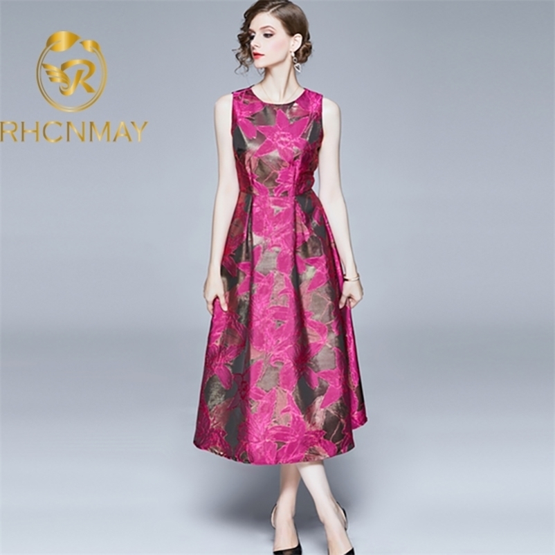 

Summer Sleeveless Jacquard Long Pleated Dress Women O-neck Fashion Ladies Runway Elegant Party Dresses Vestidos 210520, Picture color
