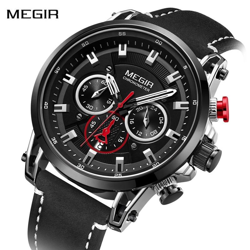 

Wristwatches Men's Watch Megir Top Brand Fashion Multifunction Sports Watches Leather Strap Date Deluxe Zegarki Meskie, Slivery;brown
