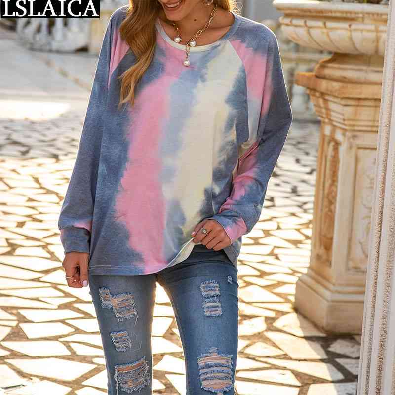 

Shirt and Blouse Women Long Sleeve O Neck Female Tops Tie Dye Print Autumn Shirts Fashion Clothes Casual Loose Streetwear 210520, Blue