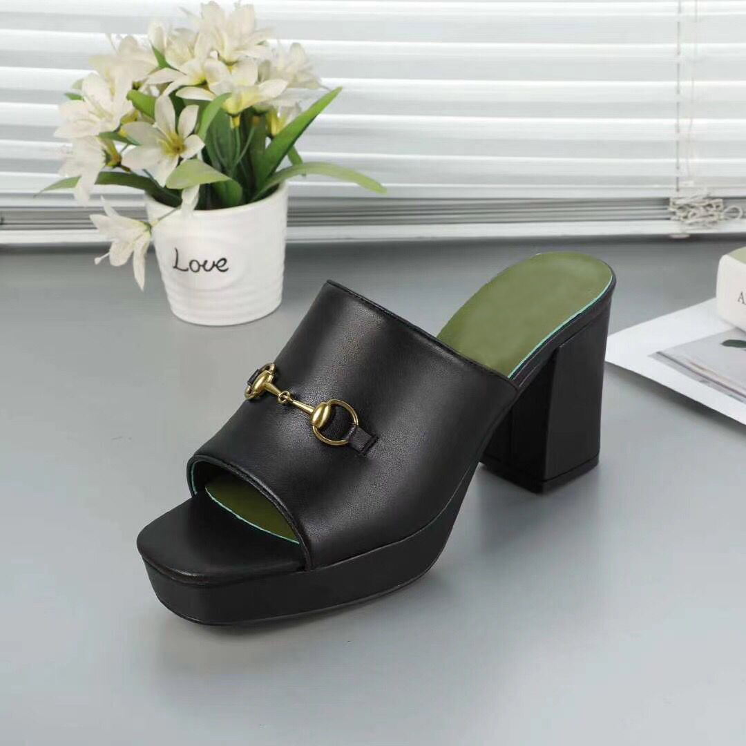 

Summer High heeled slippers Metal buckle fashion letter Lazy black Half women shoes beach flops sexy Lady heels 100% Soft cow Leather sandals Large size 35-42 us4-us11, Extra shoebox