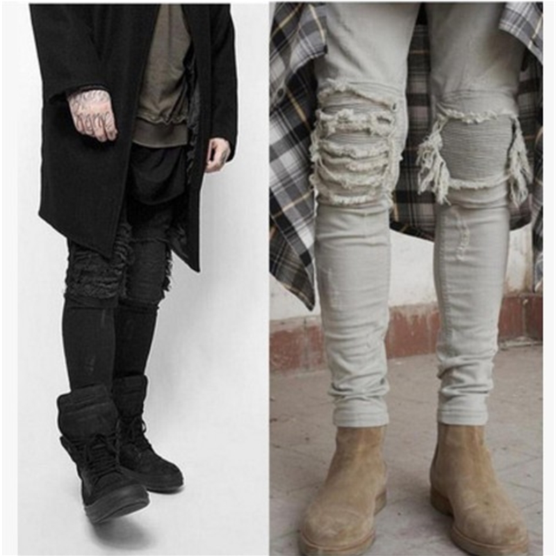 

slim fit clothing ripped hip hop jeans with holes on the knee distressed denim joggers fashion, Blue