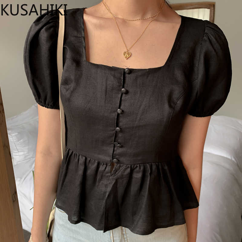 

KUSAHIKI Korean Square Collar Women Tops Puff Sleeve Korean Slim Ruffle Blouse Shirt Summer Solid Blusas Feminimos 6G896 210602, Black