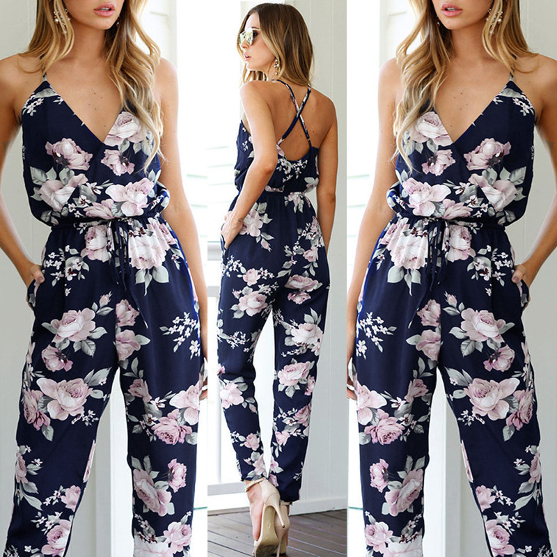 

Rompers womens jumpsuit bodysuit women printed v-neck V Neck Floral Bandge Romper High Waist Long Trousers Pants Clubwear, Navy blue
