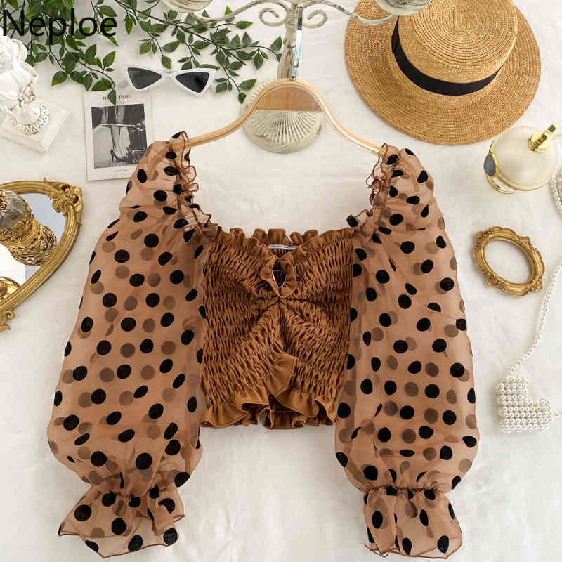 Neploe Blusas Mujer De Moda Sweet Polka Dot Puff Sleeve Shirt Blouse Crop Tops Patchwork Gauze Pleated Ruffles Blouses 210422