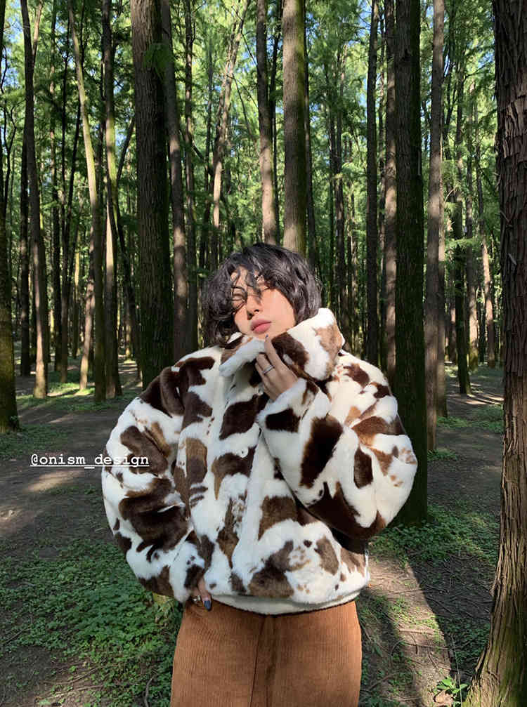 

Women's Down & Parkas Autumn Winter Lamb Wool Crop Top Cardigan Jacket ONISM Plush Fur Coat Cow Pattern Short Button Casual Coats Clothing, Black