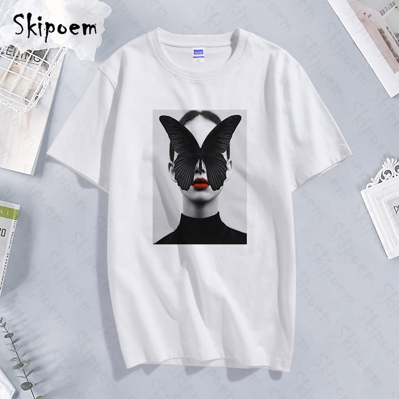 

Modernist Sexy Lady Feather Butterfly T-shirt Women Korean Style Tumblr Aesthetic Short Sleeve Plus Size Cotton Top Tees Clothes