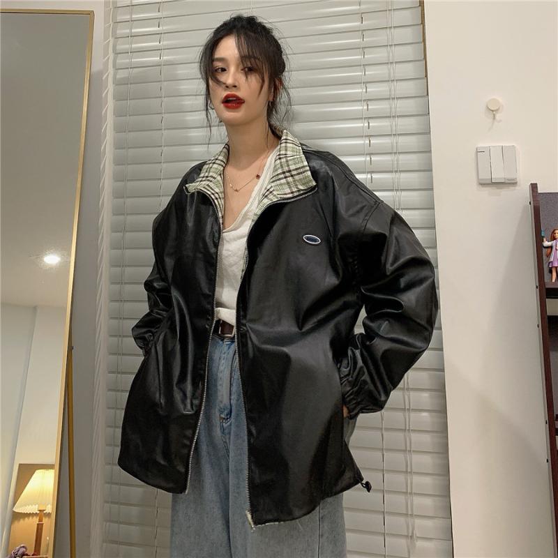 

Women's Jackets Solid Casual Pu Reversible Jacket Plaid Drawstring Couple Streetwear Leather Oversized Vintage Veste Femme Coats, Black;brown