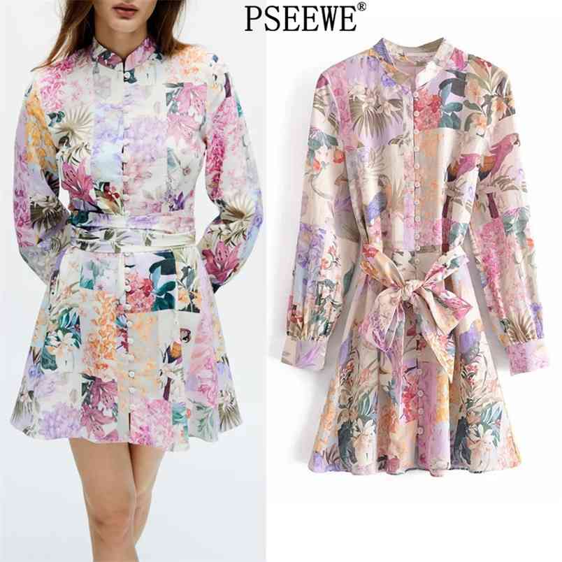 

Dress Floral Print Short es Woman Long Sleeve Shirt Women Elegant Chic Belt Cottagecore Ladies es 210519, Pink