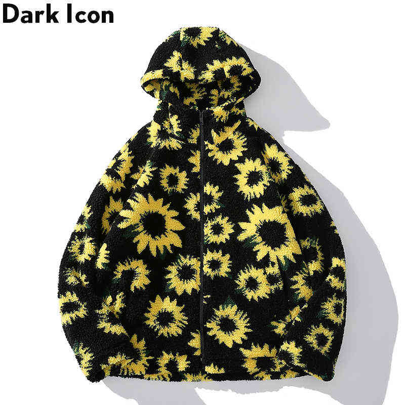 

Sunflower Sherpa Jackets Men with Hoodie Winter Thick Hooded Jacket Men Women Streetwear Men's Coats 210603, As photo