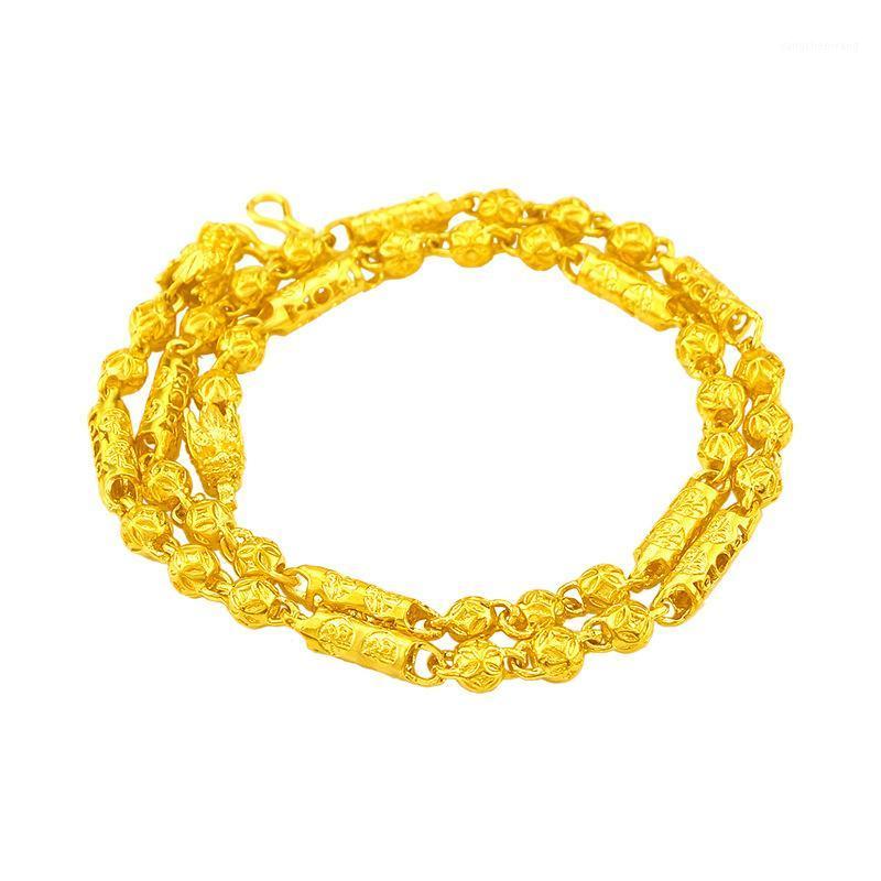 

Yellow Gold Necklace For Women Blessing Character Hollow Cylinder Bead Sand Wedding Fine Jewelry Gifts Chains