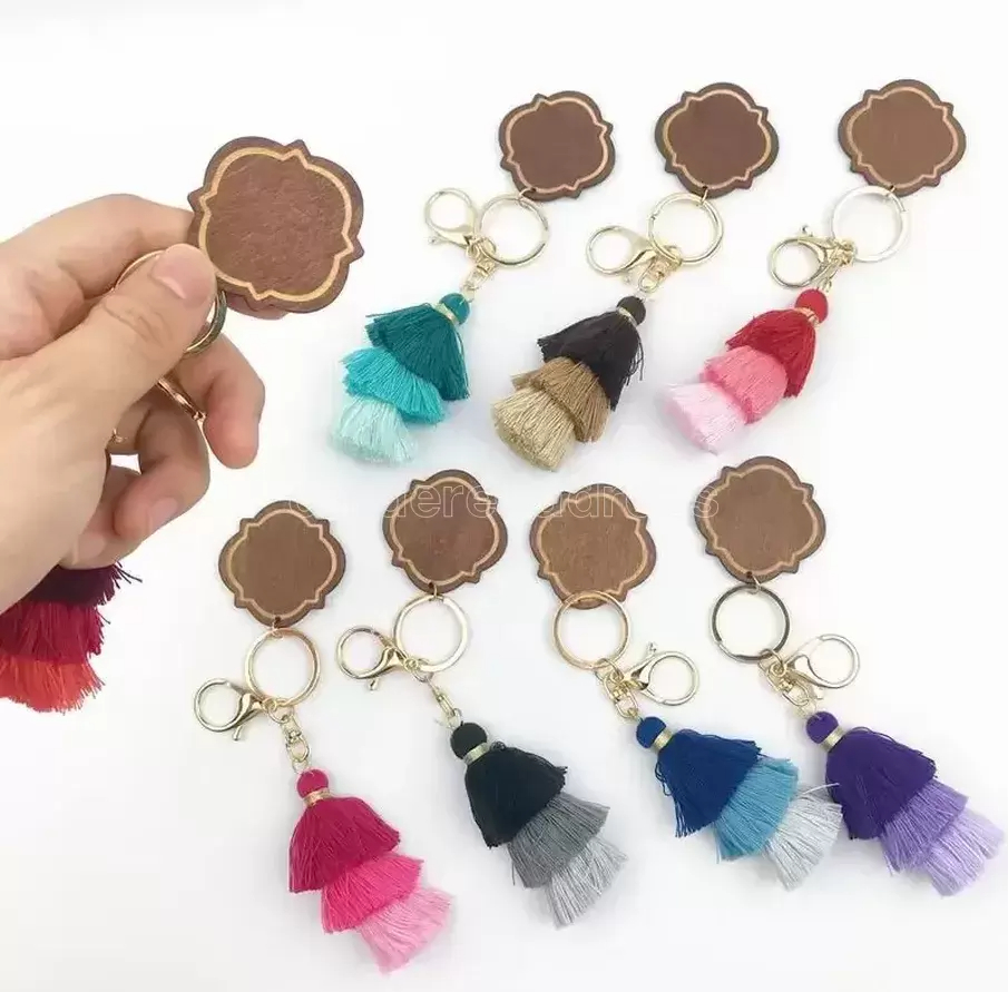 

Personalized Wooden Keychain Party Favor Three-layer Cotton Tassel and Chip Pendant Key Ring Multicolor