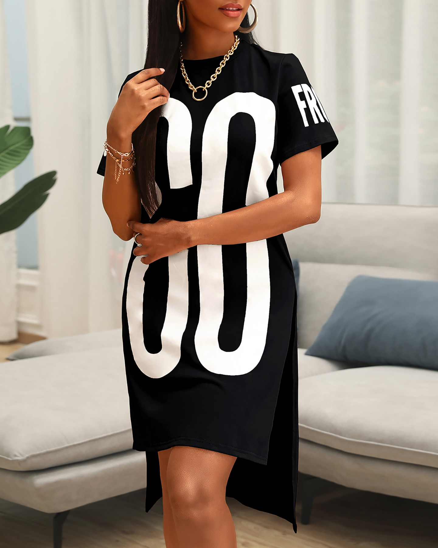 

2021 New Basic Loose Round Neck Letter Print Dip Hem T-Shirt Dress Cotton Casual Short Sleeve Summer Women Dress, Black
