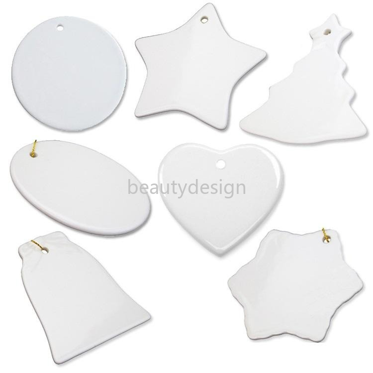 

Sublimation Blank Ornament White Ceramic 3 Inch Round Heart Star tree Porcelain Pendant with Gold String for Christmas Home Decor Tag blanks DD