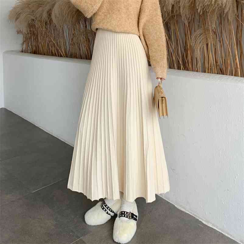 Winter Thickened Rib Knitted Large Swing Maxi Long Skirts Elegant Solid A-line Pleated Ankle Length Knit Skirts Coffree Beige 210412Z