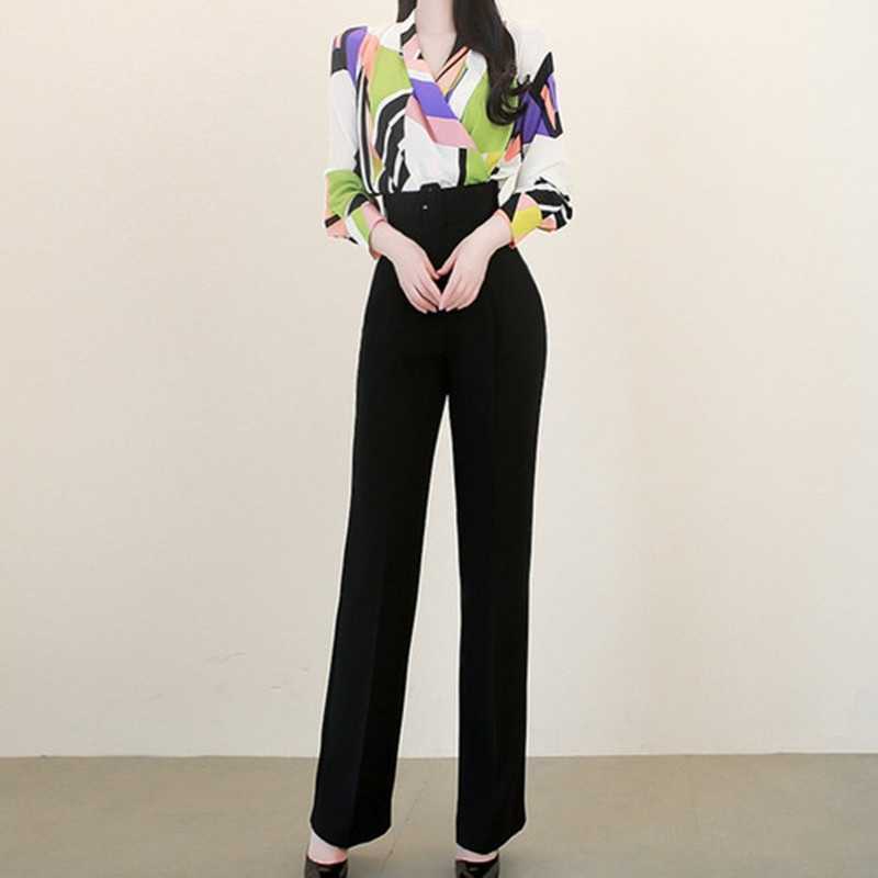 

High Quality 2 Piece Set Pants Suits Office Lady Pullover V-neck Regular Zipper Fly Solid Full Length Women's Sets 210525, Picture color