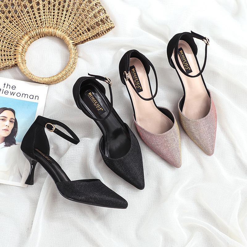

Colorful Sequins Sandalen Femme Bling Pointy Sandals Women Ankle Strap Cutout Thin Kitten Heels Pumps 2021 Luxury European Shoes, Black