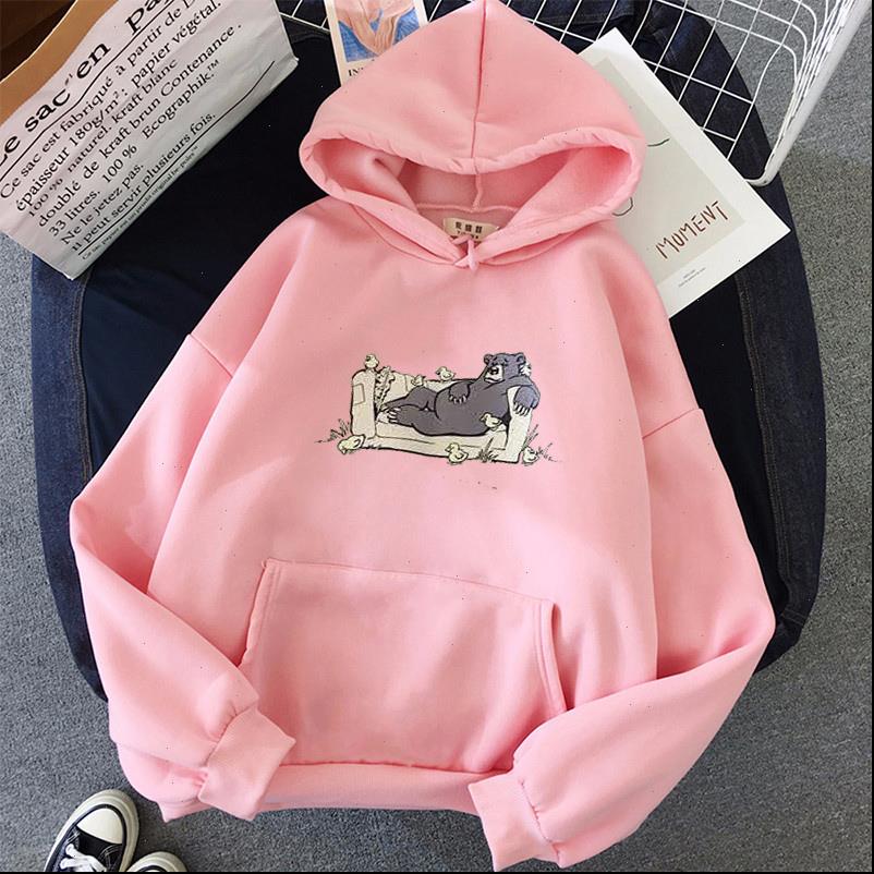 

cute bear plus size women sweatshirt print oversize streetwear harajuku full sleeve kawaii hoodie clothes pullovers, Black