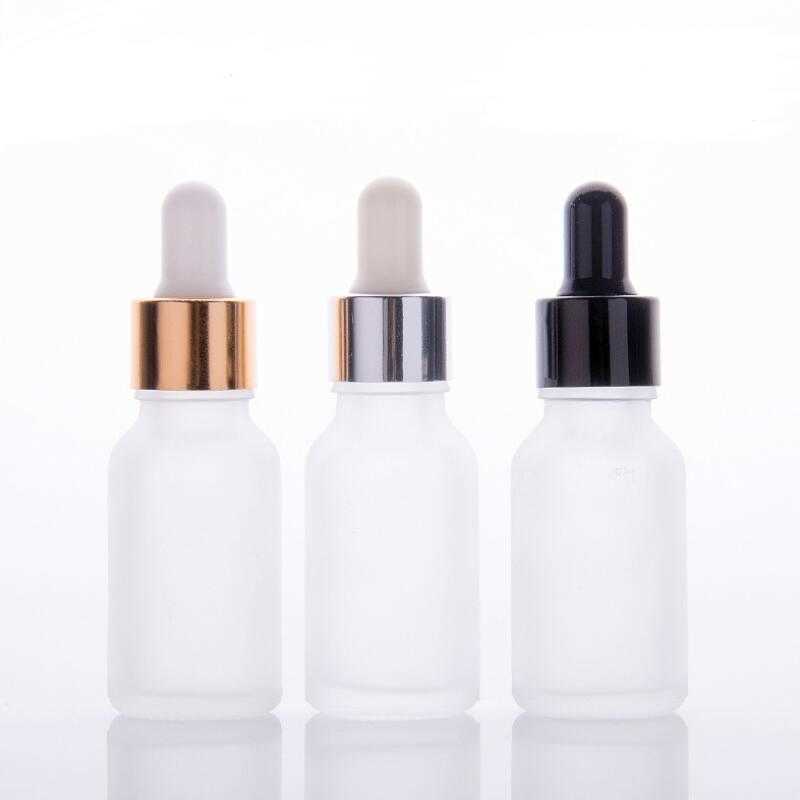 15ml clear frosted glass dropper bottle cosmetic 20ml essential oil glass bottle with gold silver black cap LX2880