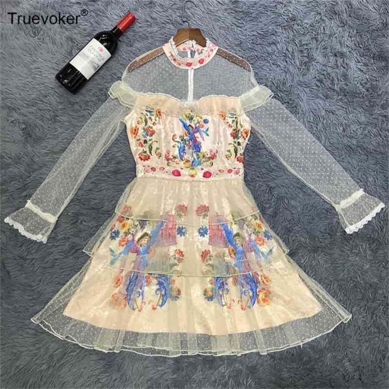 

Truevoker Spring Runway Fashion Lace Prom Dres Full Sleeve Vintage Print Embossed Ruffle Cake Festa Vestidos 210602, Khaki