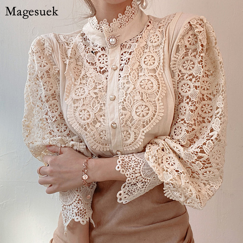 

New 2021 Sweet Hollow Out Lace Patchwork Women Blouse Chic Button White Top Petal Sleeve Flower Stand Collar Shirt Blusas 12419, Black