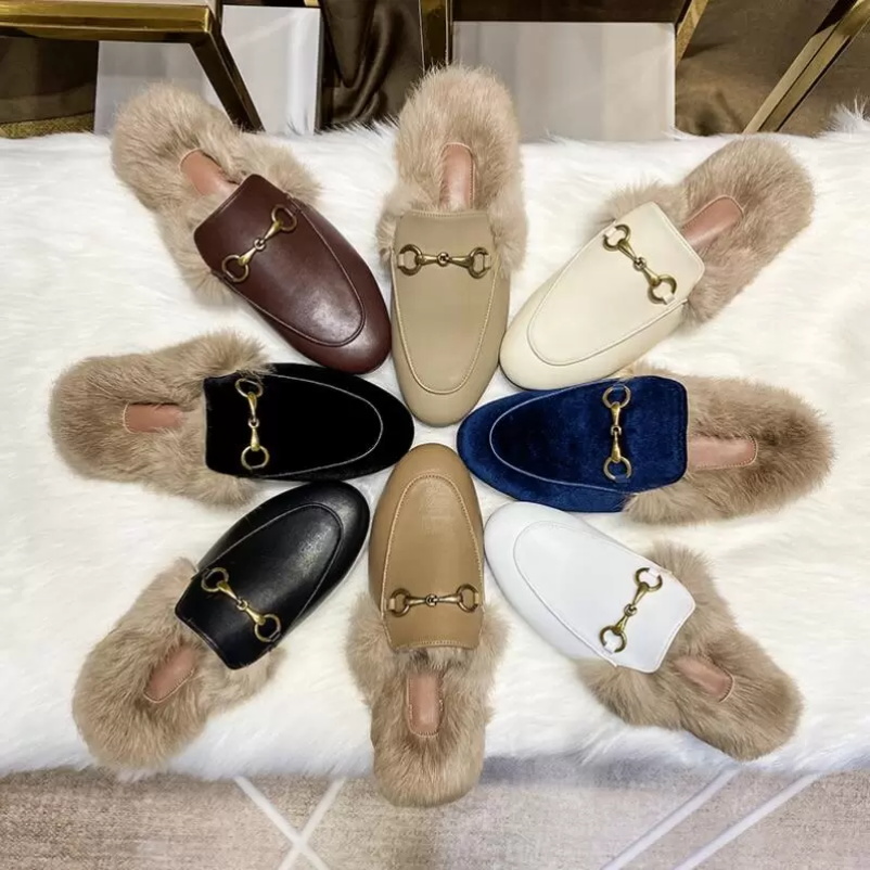 

2022 Brand Designer Slippers Fur Leather Loafers Ladies Flat Suede Mule Shoes Sandals With Buckle Fashion Princetown Top Quality Bee Snake Tiger Women34-42 Men 39-46, Color 22