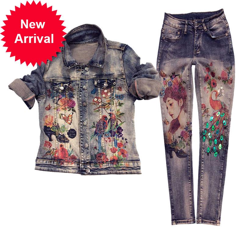 

Women' Tracksuits European Style Denim Jacket + Jeans Pants Spring Autumn Personality Printed Jean Two-Piece Set Female, Mixed