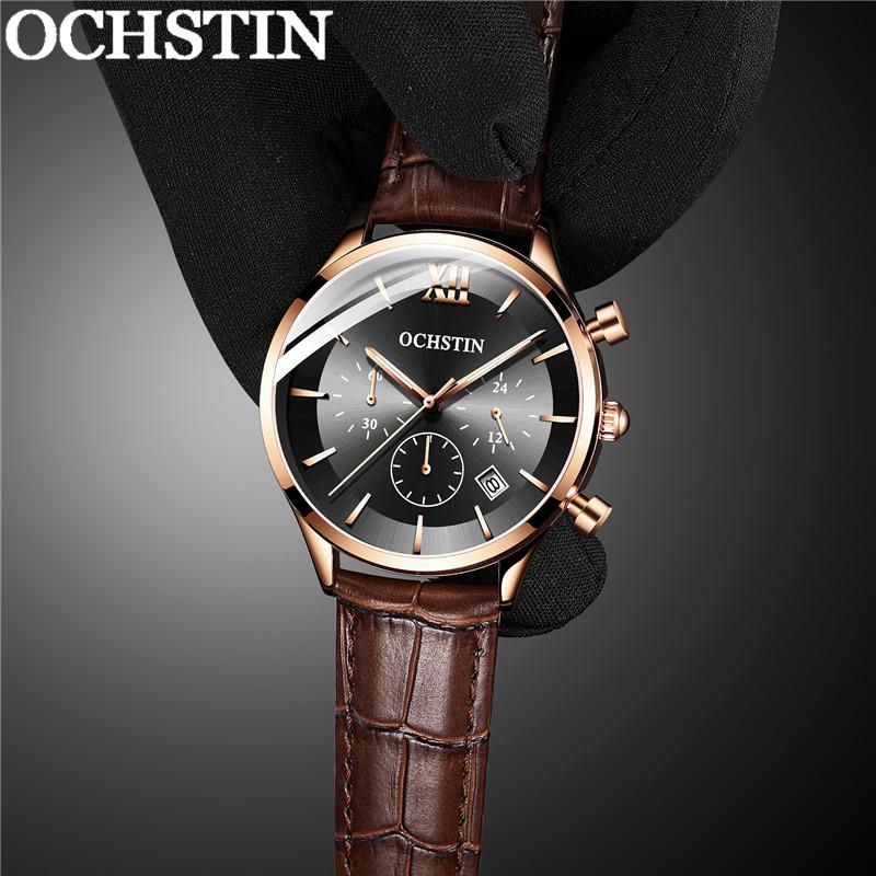 

Wristwatches OCHSTIN Fashion Man WristWatch Chronograph Sport Men Watch Military Top Black Genuine Leather Male Clock 6129, Slivery;brown