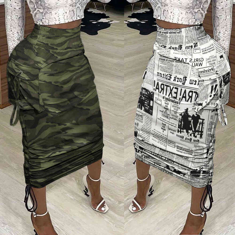 

Mid Calf Skirts Women Camouflage Camo Newspaper Print High Waist Streetwear Korean Fashion Clothing Pockets Dstring Pleated X0428, Black