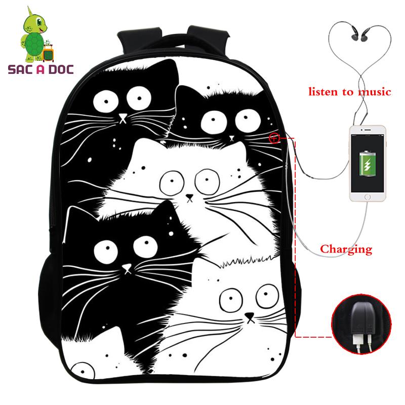 

Backpack Design Cartoon School Bags Animal Children Cute Women Cat Print USB Charge For Girls Rucksack
